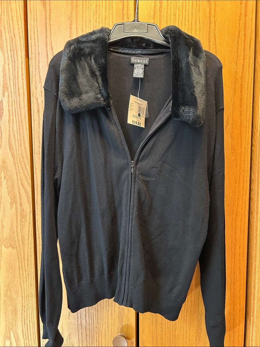 George Black Zip Front Sweater with Plush Collar